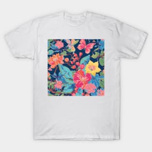 Preppy birds, flowers and butterflies on navy blue T-Shirt